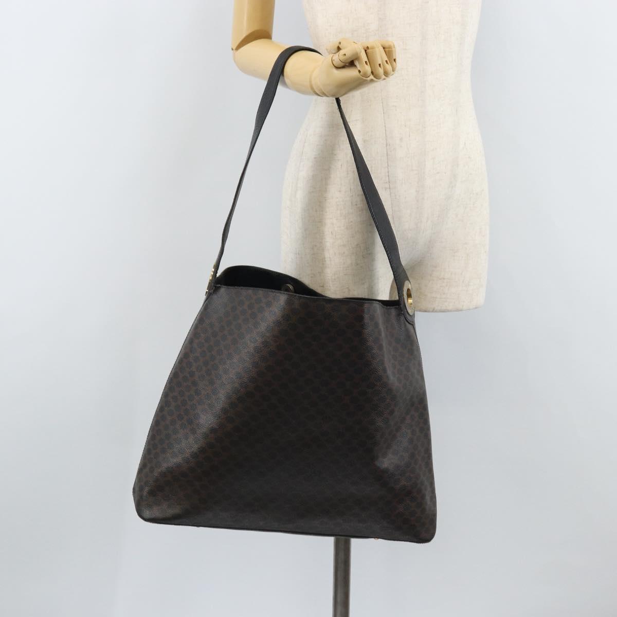 CELINE Macadam Canvas Shoulder Bag PVC Leather Black Gold Auth fm5227