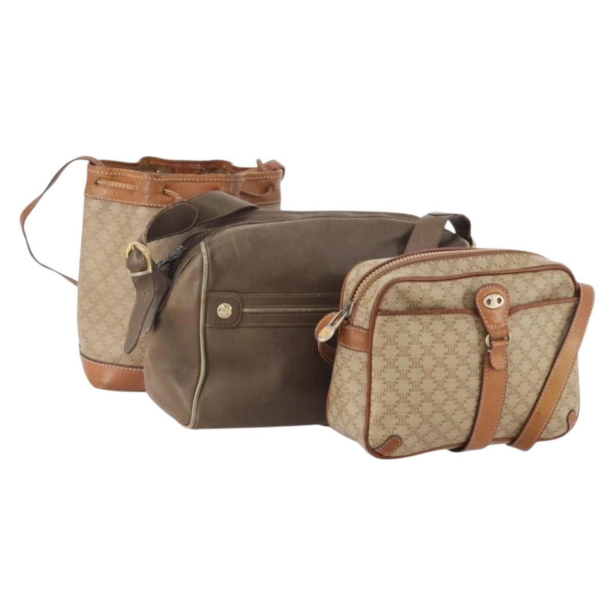 CELINE Macadam Canvas Clutch Bag PVC Leather 3 Set Brown Beige Auth fm5236