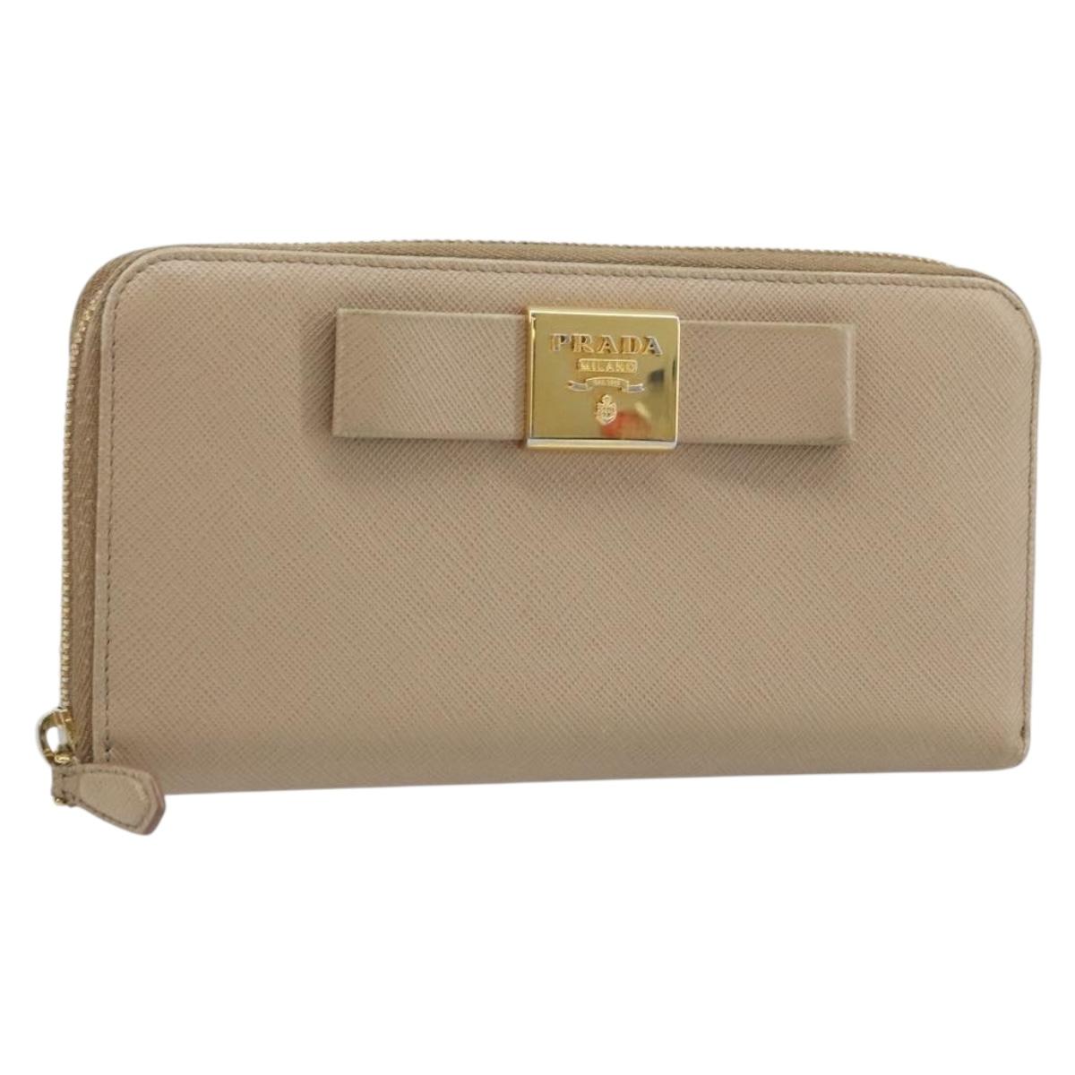 PRADA Ribbon Long Wallet Safiano leather Beige Gold Auth fm5266