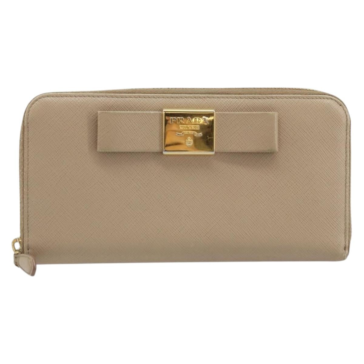 PRADA Ribbon Long Wallet Safiano leather Beige Gold Auth fm5266