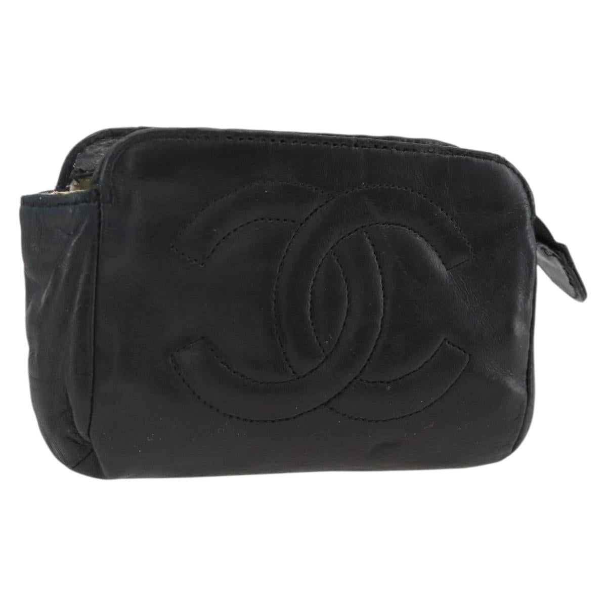 CHANEL COCO Mark Pouch Lamb Skin Black Gold CC Auth fm5303