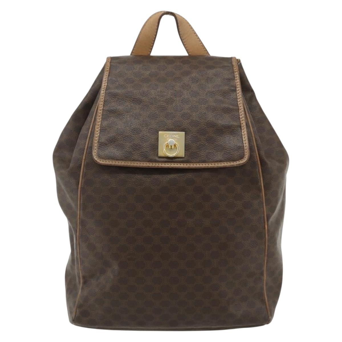 CELINE Macadam Canvas Backpack PVC Leather Brown Gold Auth fm5320