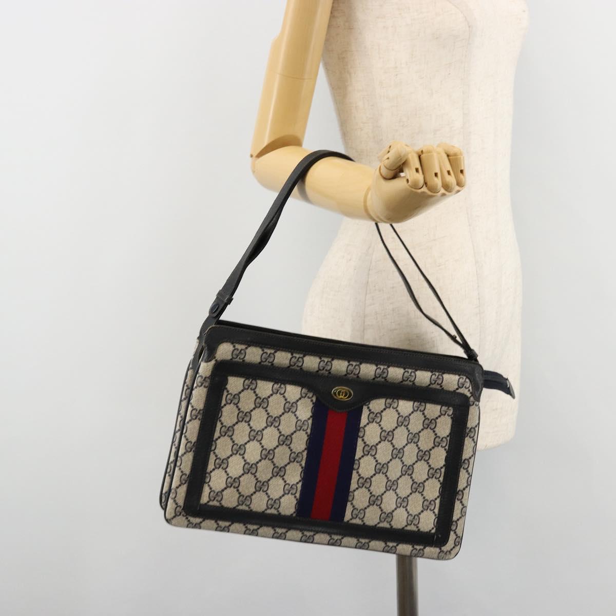 GUCCI GG Supreme Sherry Line Shoulder Bag PVC Navy Gold 41 02 013 Auth fm5338