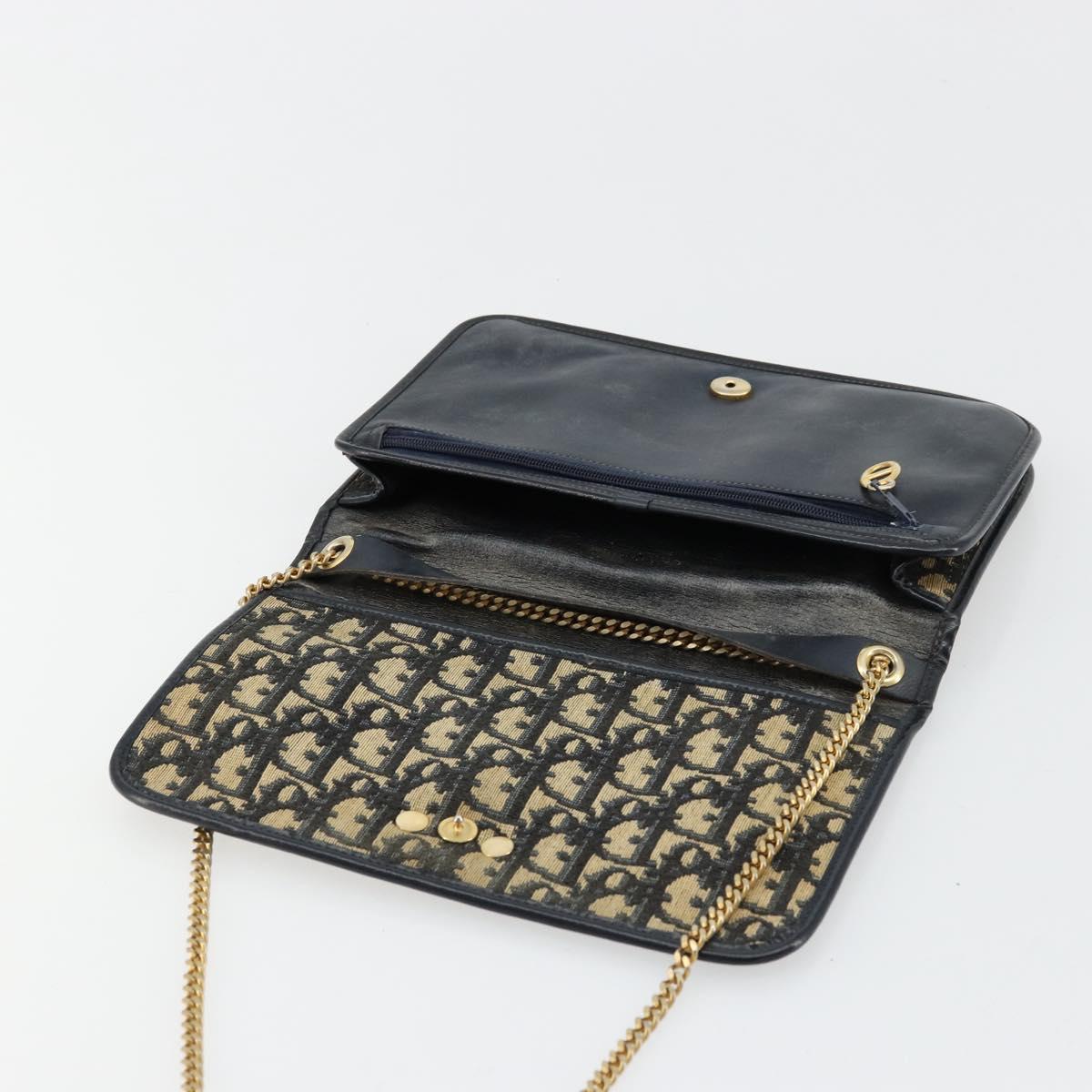 Christian Dior Trotter Canvas Chain Shoulder Bag Navy Gold Auth fm5340