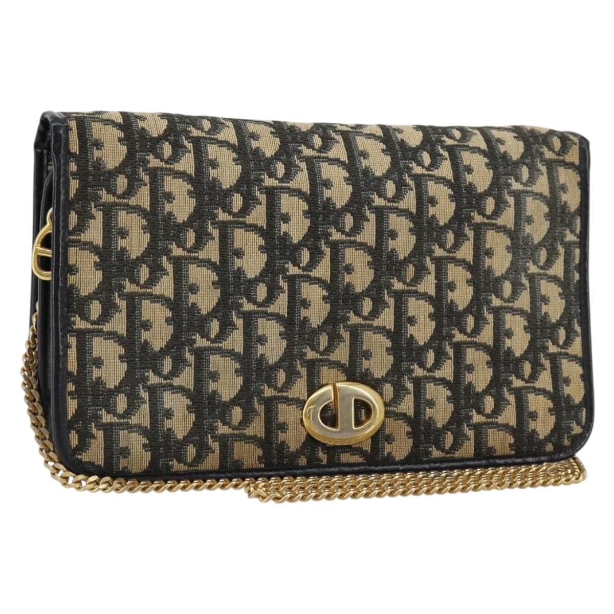 Christian Dior Trotter Canvas Chain Shoulder Bag Navy Gold Auth fm5340