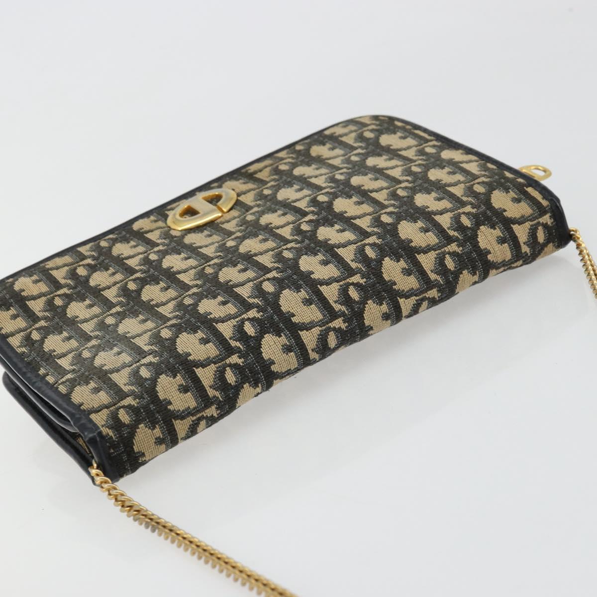 Christian Dior Trotter Canvas Chain Shoulder Bag Navy Gold Auth fm5340