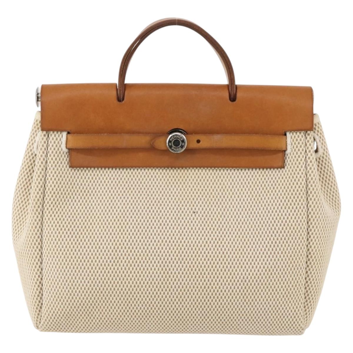 HERMES Herbag A Dos Hand Bag Canvas 2way White Silver Auth fm5359