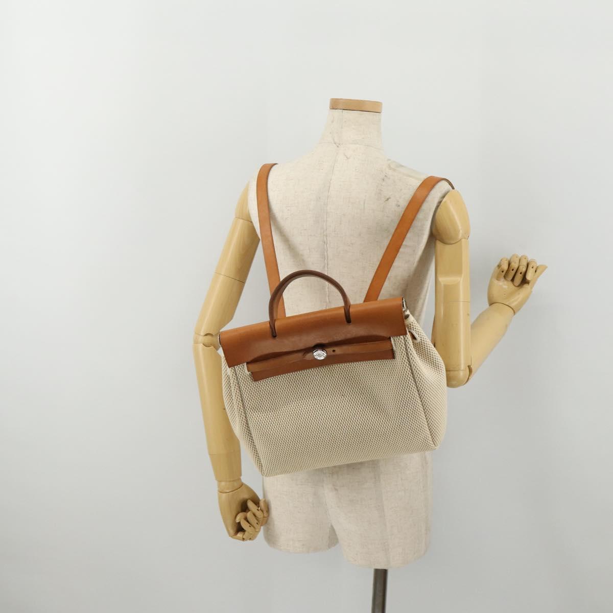 HERMES Herbag A Dos Hand Bag Canvas 2way White Silver Auth fm5359