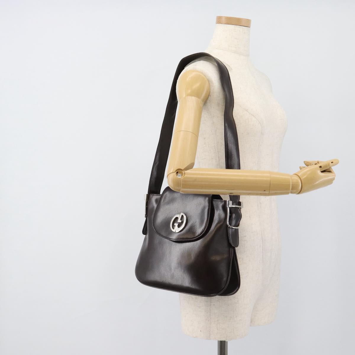 GUCCI Shoulder Bag Leather Black Gold Auth fm5372