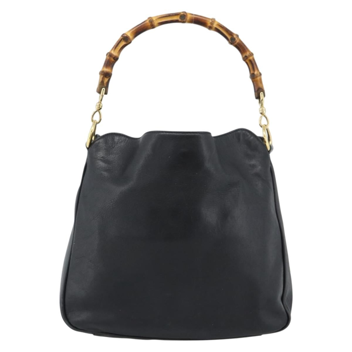 GUCCI Bamboo Hand Bag Leather Black Gold Auth fm5373