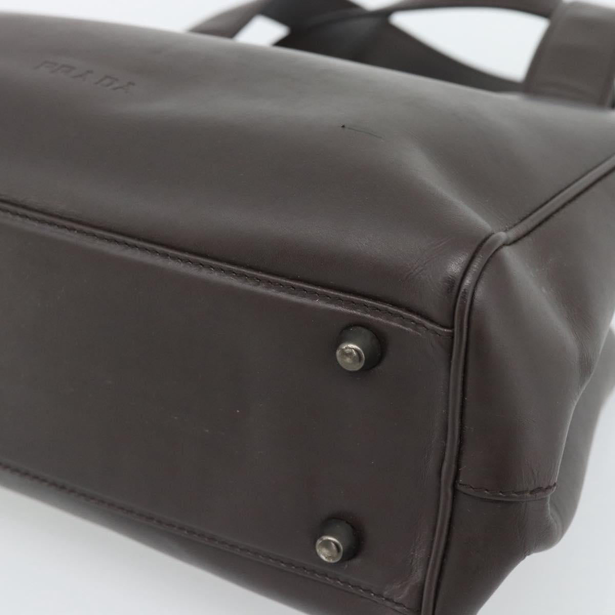 PRADA Hand Bag Leather Dark Brown Silver Auth fm5374
