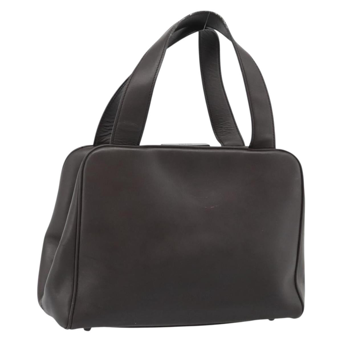 PRADA Hand Bag Leather Dark Brown Silver Auth fm5374