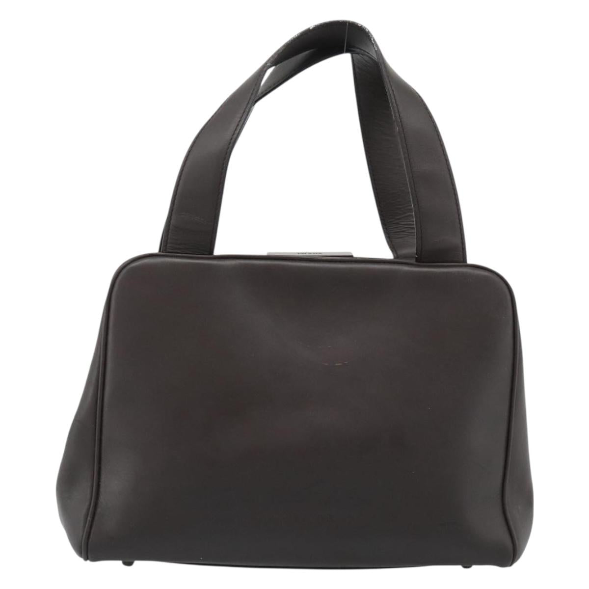 PRADA Hand Bag Leather Dark Brown Silver Auth fm5374