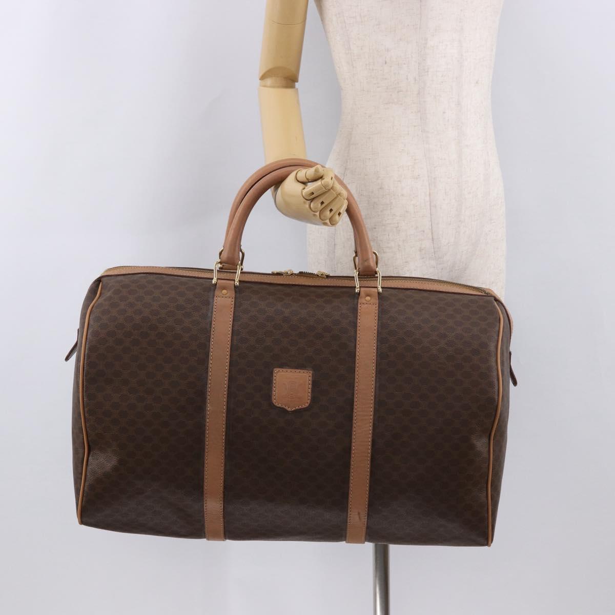 CELINE Macadam Canvas Boston Bag PVC Leather Brown Gold Auth fm5376