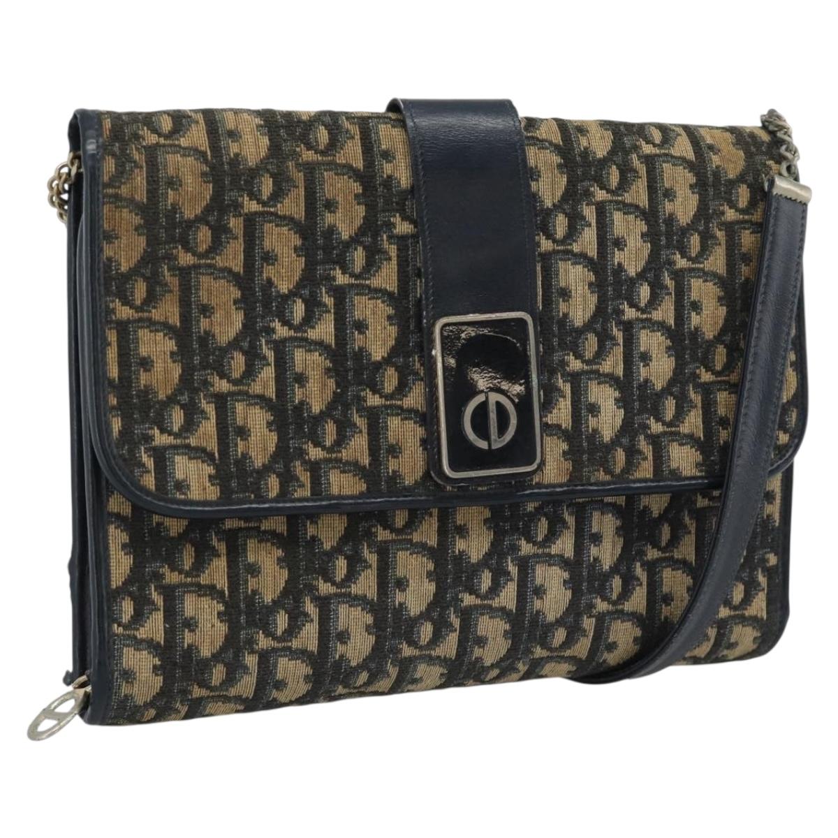 Christian Dior Trotter Canvas Shoulder Bag Navy Gold Auth fm5383