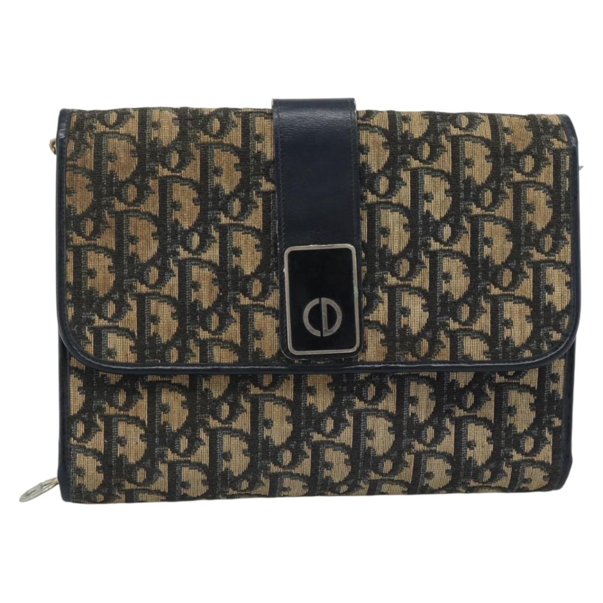 Christian Dior Trotter Canvas Shoulder Bag Navy Gold Auth fm5383