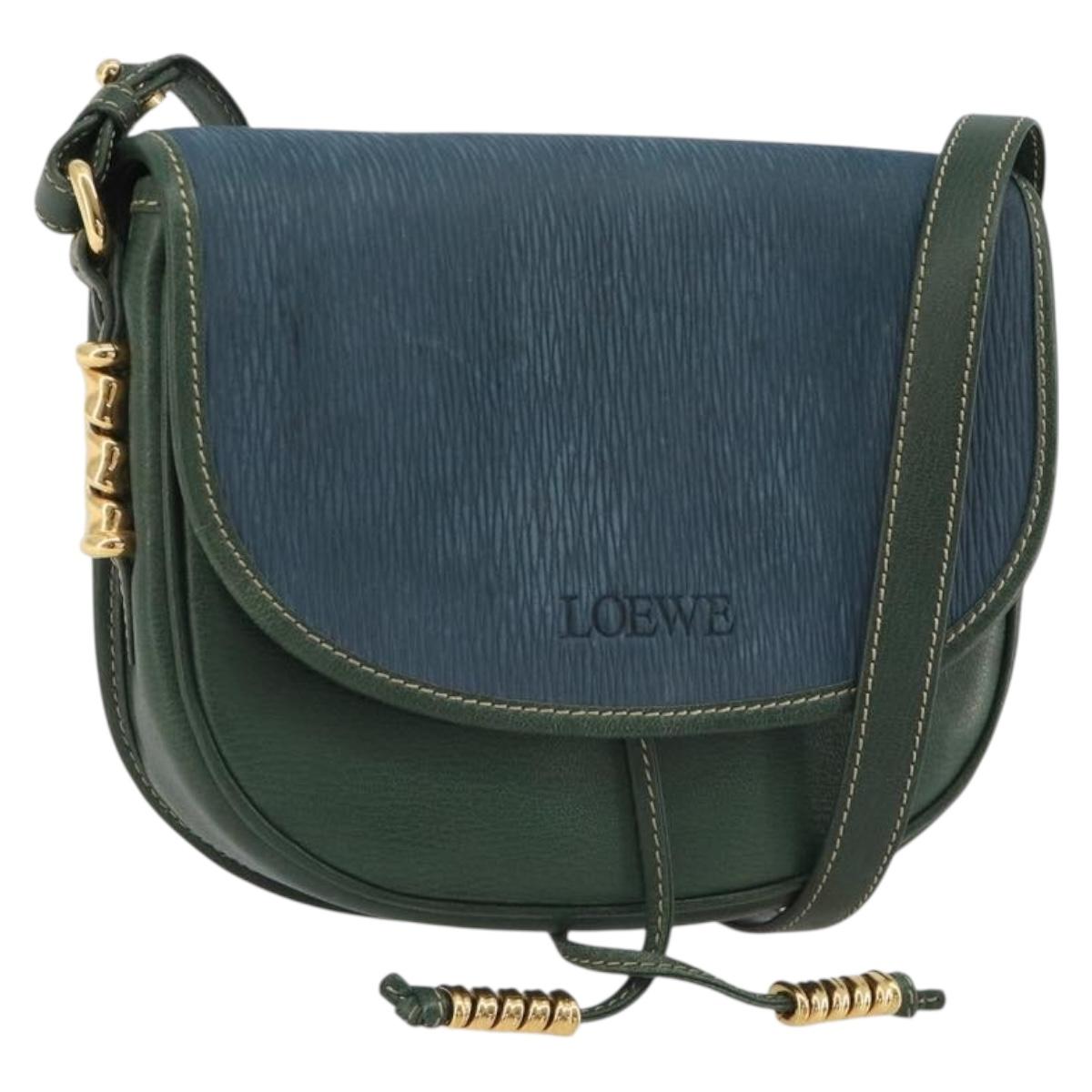 LOEWE Velazquez Shoulder Bag Leather Green Gold Auth fm5384V