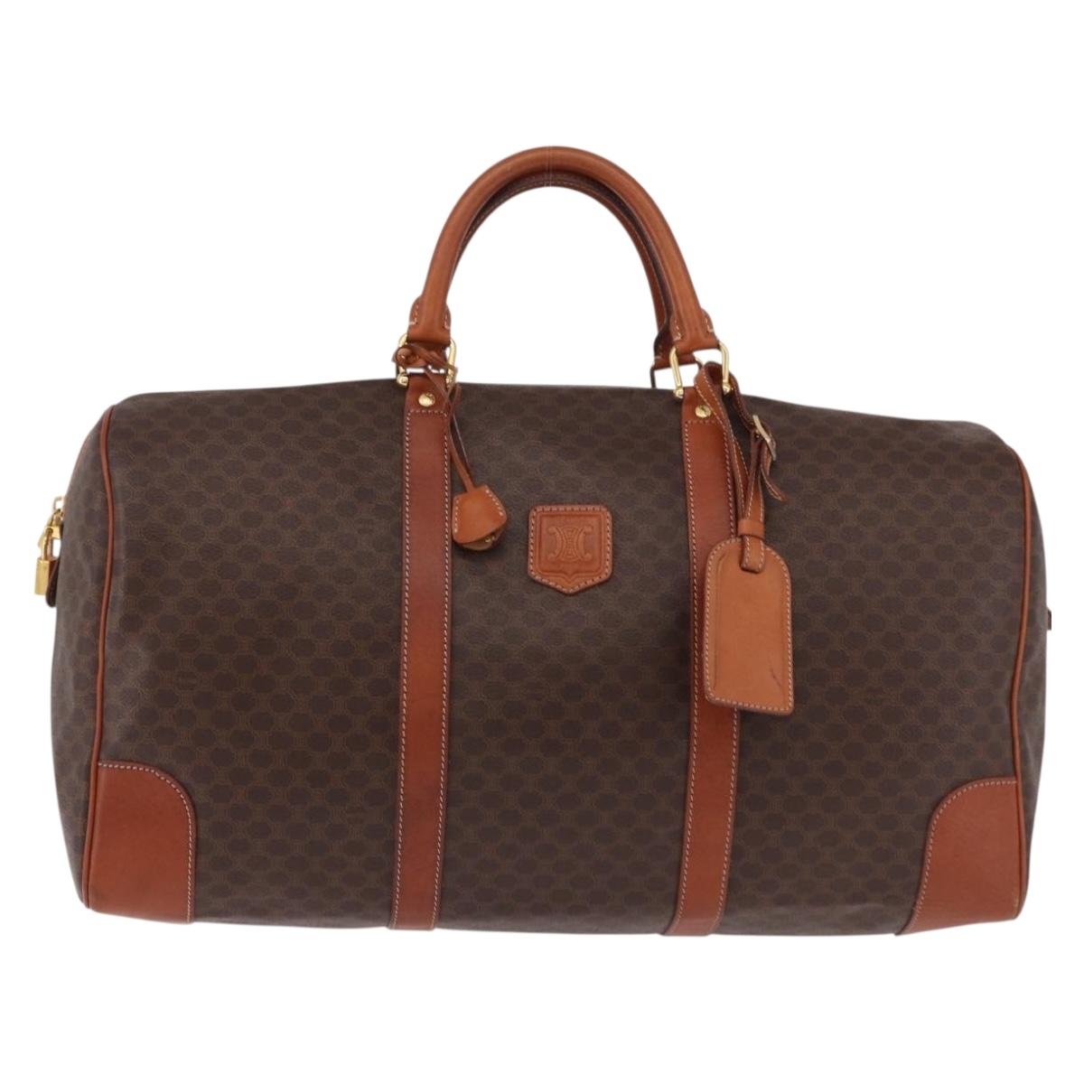 CELINE Macadam Canvas Boston Bag PVC Leather Brown Gold Auth fm5391