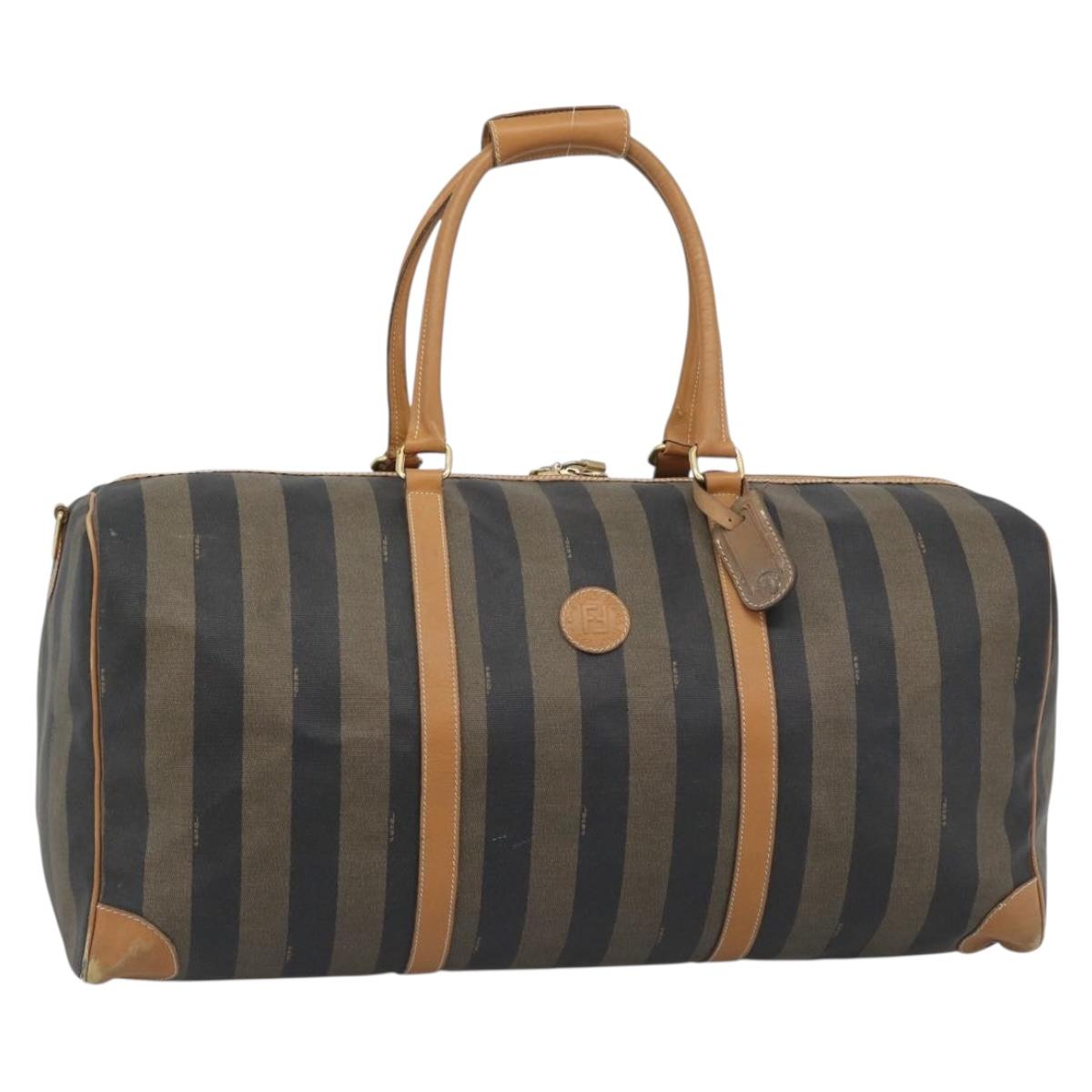 FENDI Pecan Canvas Boston Bag PVC 2way Black Brown Auth fm5392