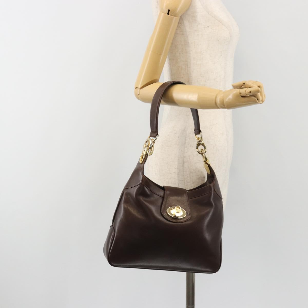 CELINE Shoulder Bag Leather Brown Gold Auth fm5394A