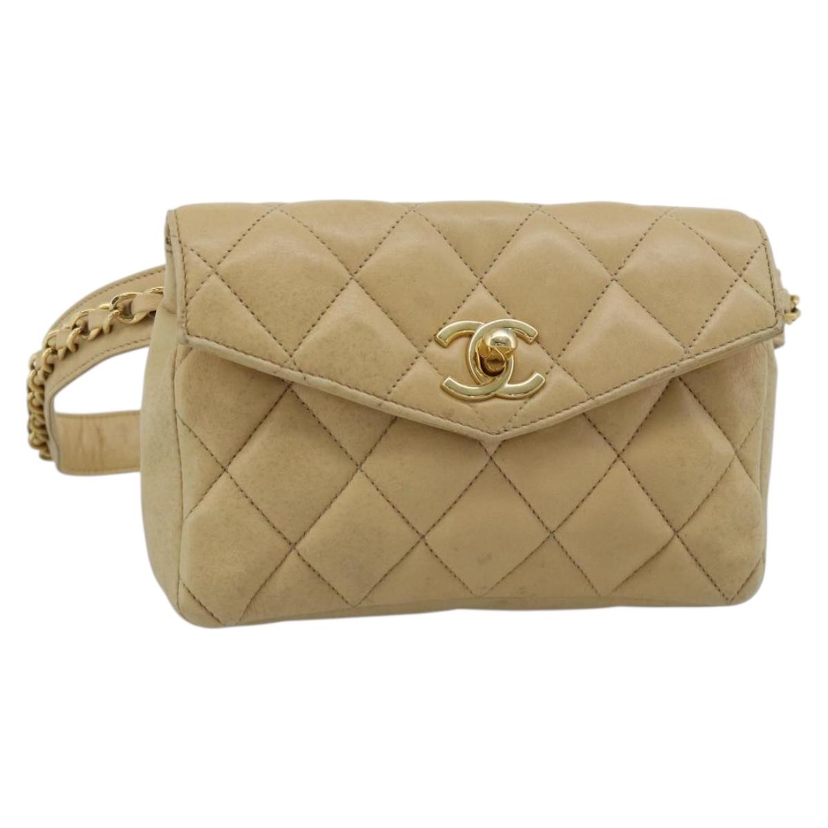 CHANEL Matelasse Waist bag Lamb Skin Beige Gold CC Auth fm5396