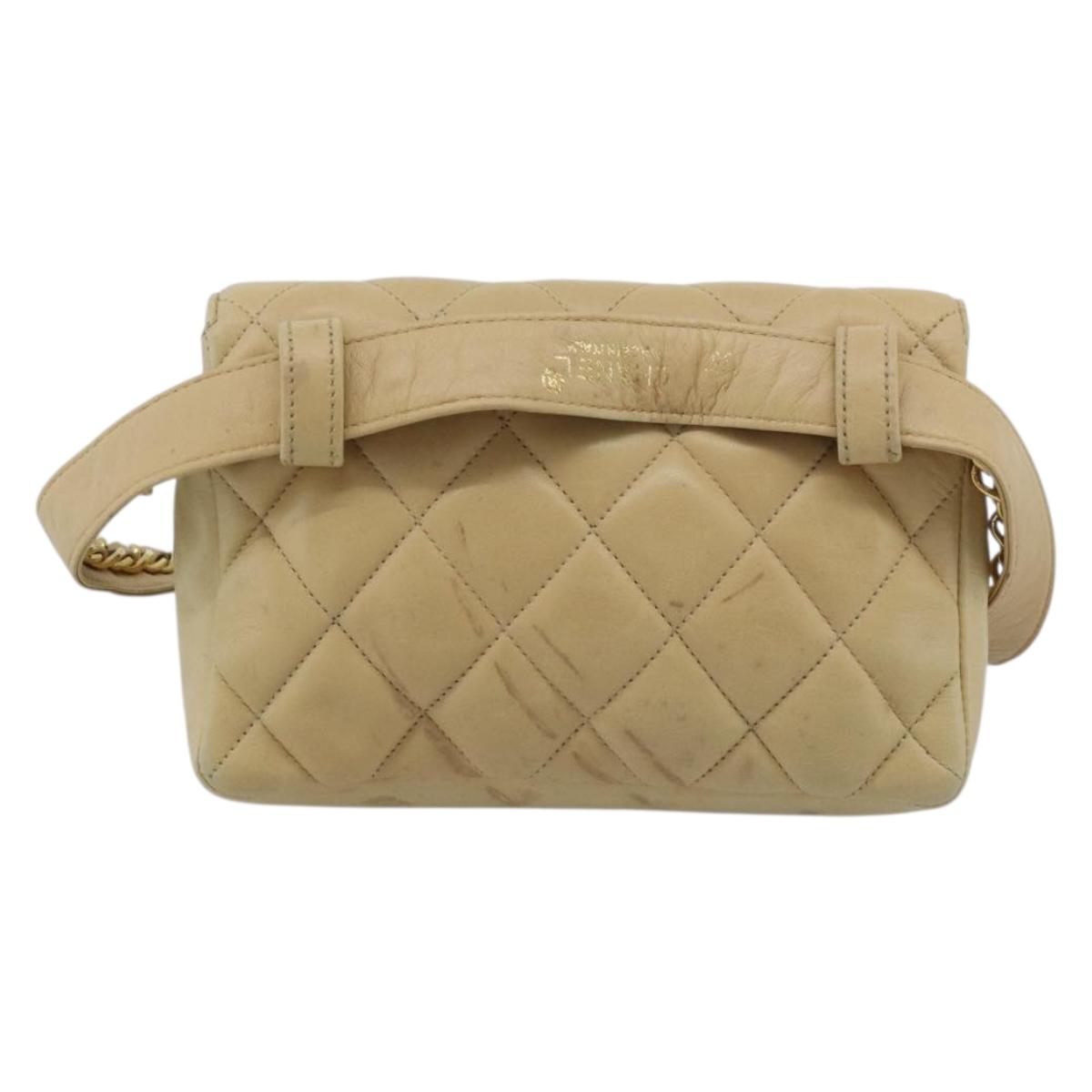 CHANEL Matelasse Waist bag Lamb Skin Beige Gold CC Auth fm5396
