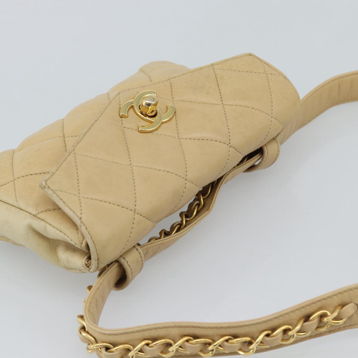 CHANEL Matelasse Waist bag Lamb Skin Beige Gold CC Auth fm5396