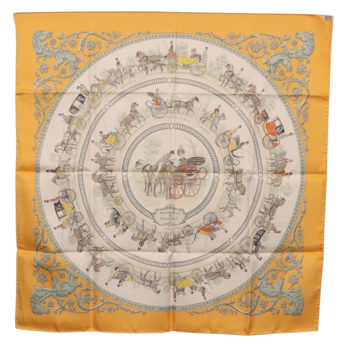 HERMES Carre 90 Scarf ""LA PROMENADE DE LONGCHAMPS"" Silk Yellow Auth fm5398M