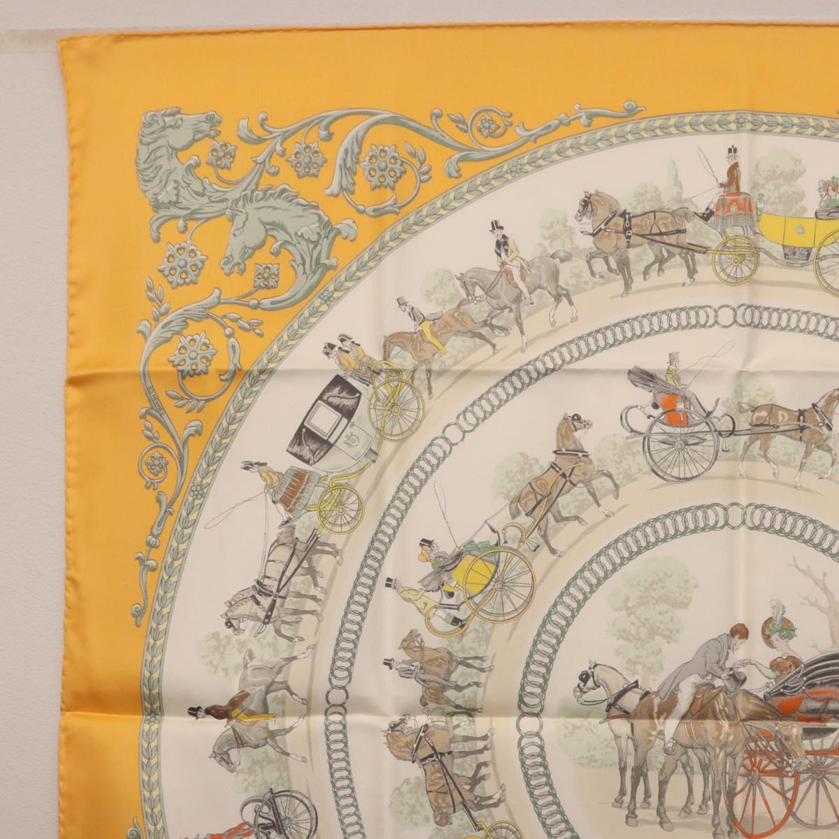 HERMES Carre 90 Scarf ""LA PROMENADE DE LONGCHAMPS"" Silk Yellow Auth fm5398M