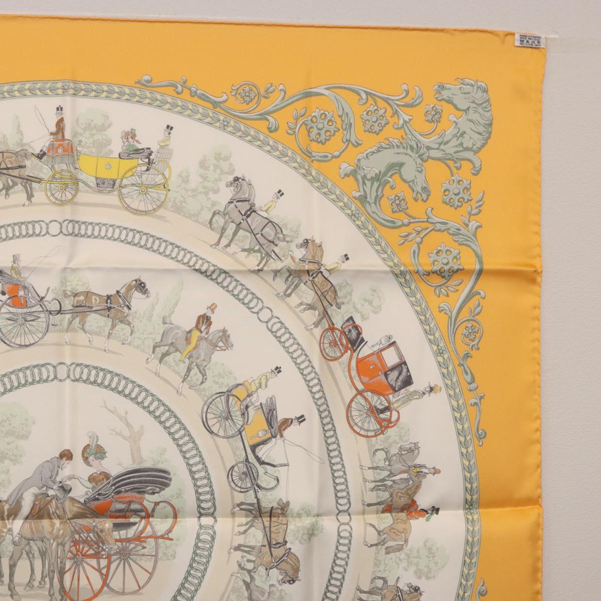 HERMES Carre 90 Scarf ""LA PROMENADE DE LONGCHAMPS"" Silk Yellow Auth fm5398M