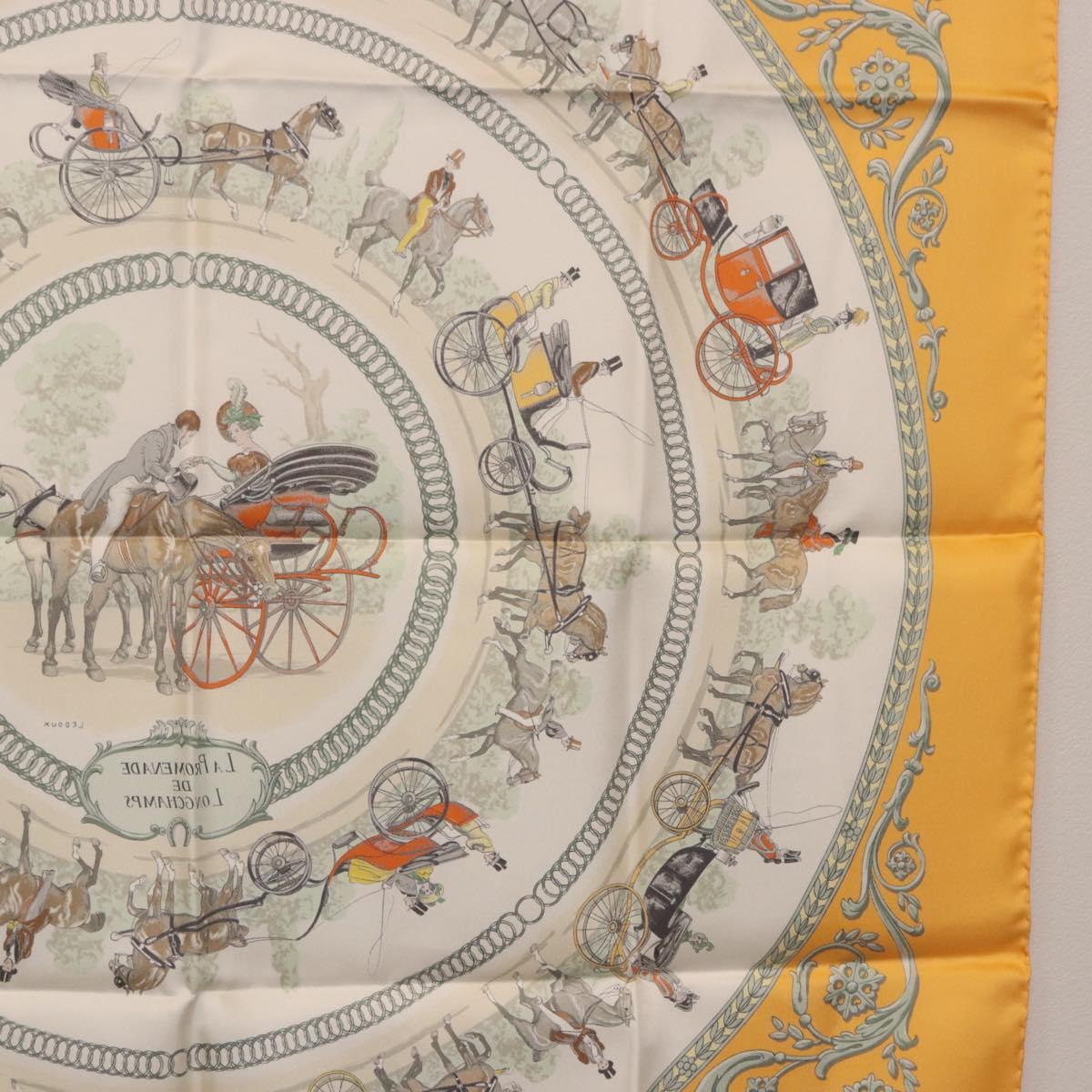 HERMES Carre 90 Scarf ""LA PROMENADE DE LONGCHAMPS"" Silk Yellow Auth fm5398M