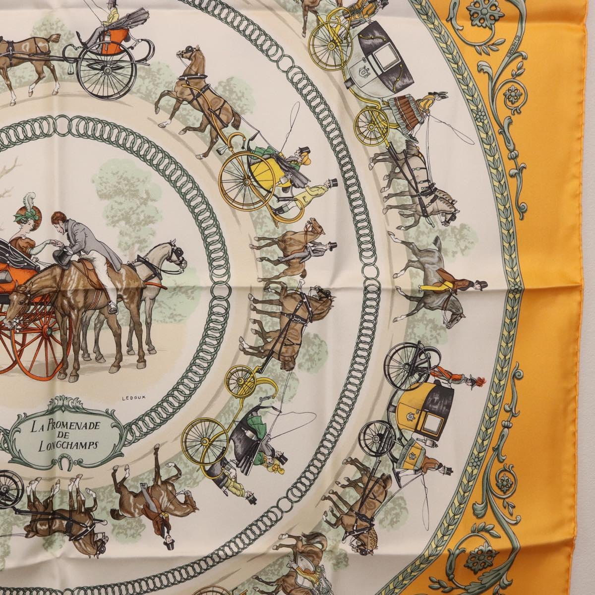 HERMES Carre 90 Scarf ""LA PROMENADE DE LONGCHAMPS"" Silk Yellow Auth fm5398M