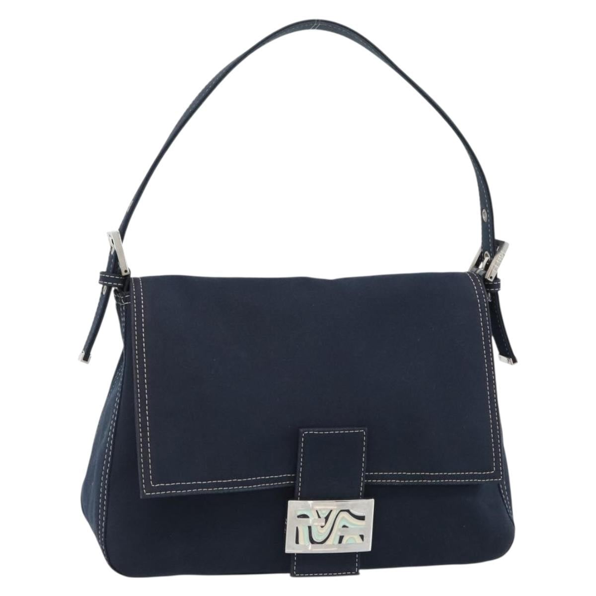 FENDI Canvas Mamma Baguette Shoulder Bag Navy Silver Auth fm5409V