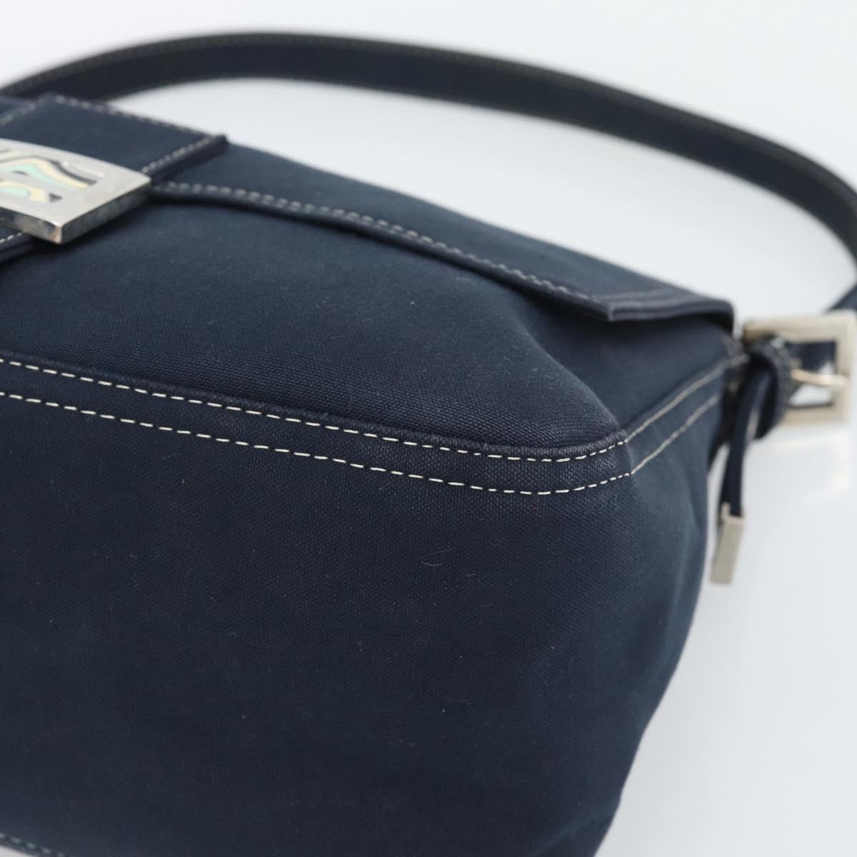 FENDI Canvas Mamma Baguette Shoulder Bag Navy Silver Auth fm5409V