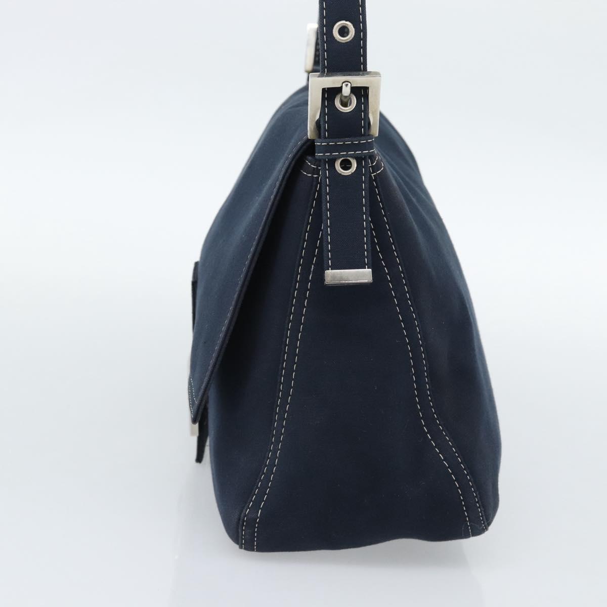 FENDI Canvas Mamma Baguette Shoulder Bag Navy Silver Auth fm5409V