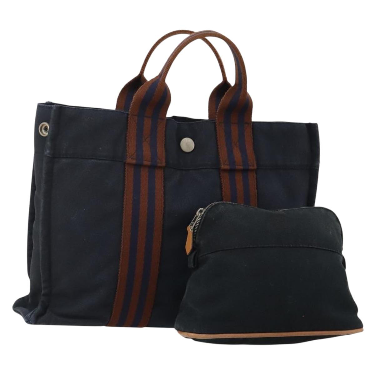 HERMES Hand Bag Canvas 2 Set Black Navy Auth fm5415