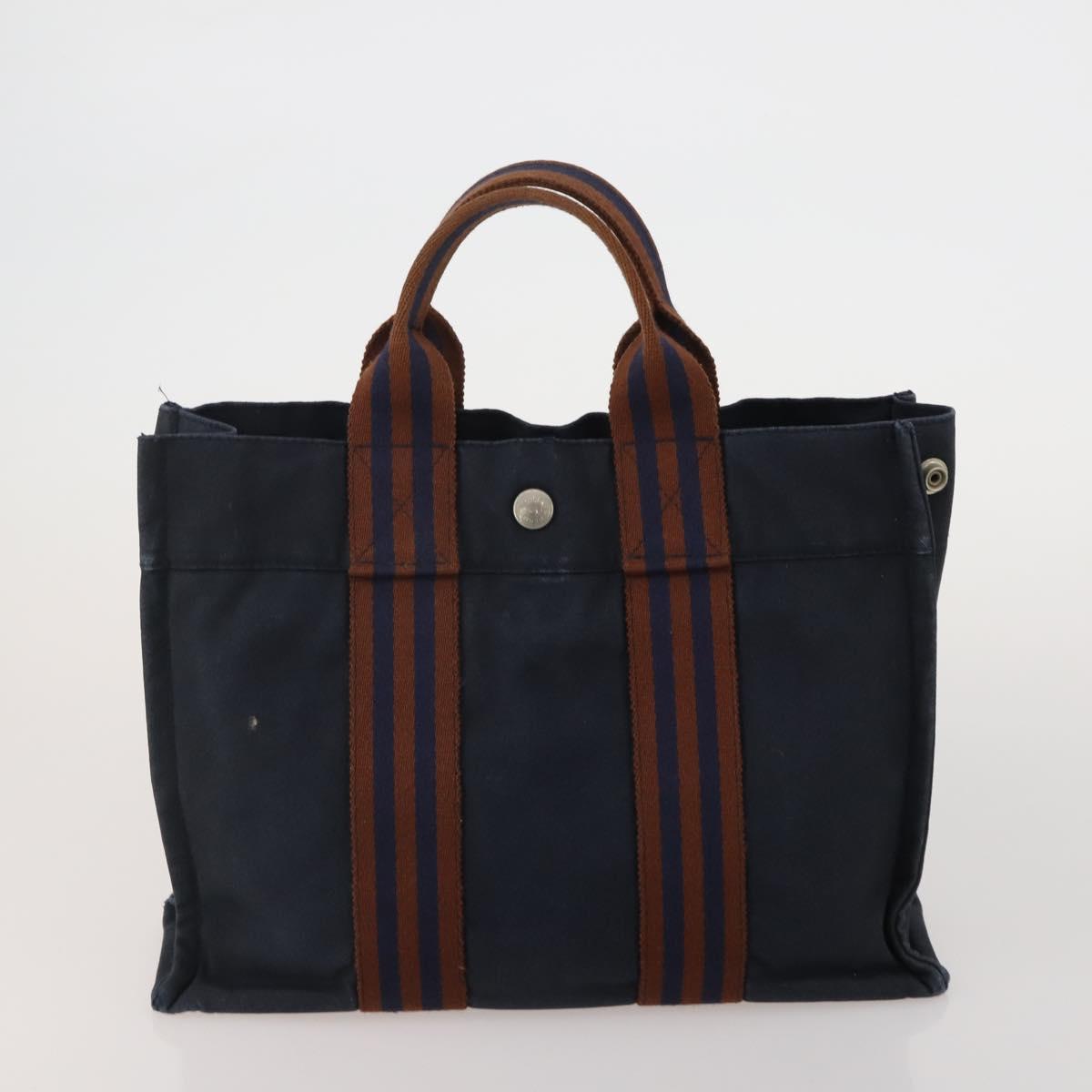HERMES Hand Bag Canvas 2 Set Black Navy Auth fm5415