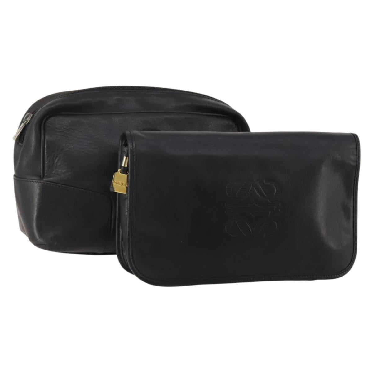 LOEWE Clutch Bag Leather 2 Set Black Auth fm5416