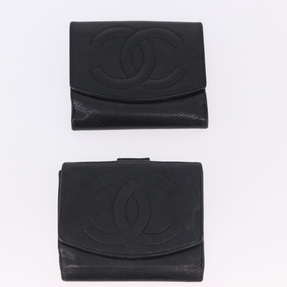 CHANEL Cambon Line Wallet Leather Caviar Skin 5 Set Black CC Auth fm5423