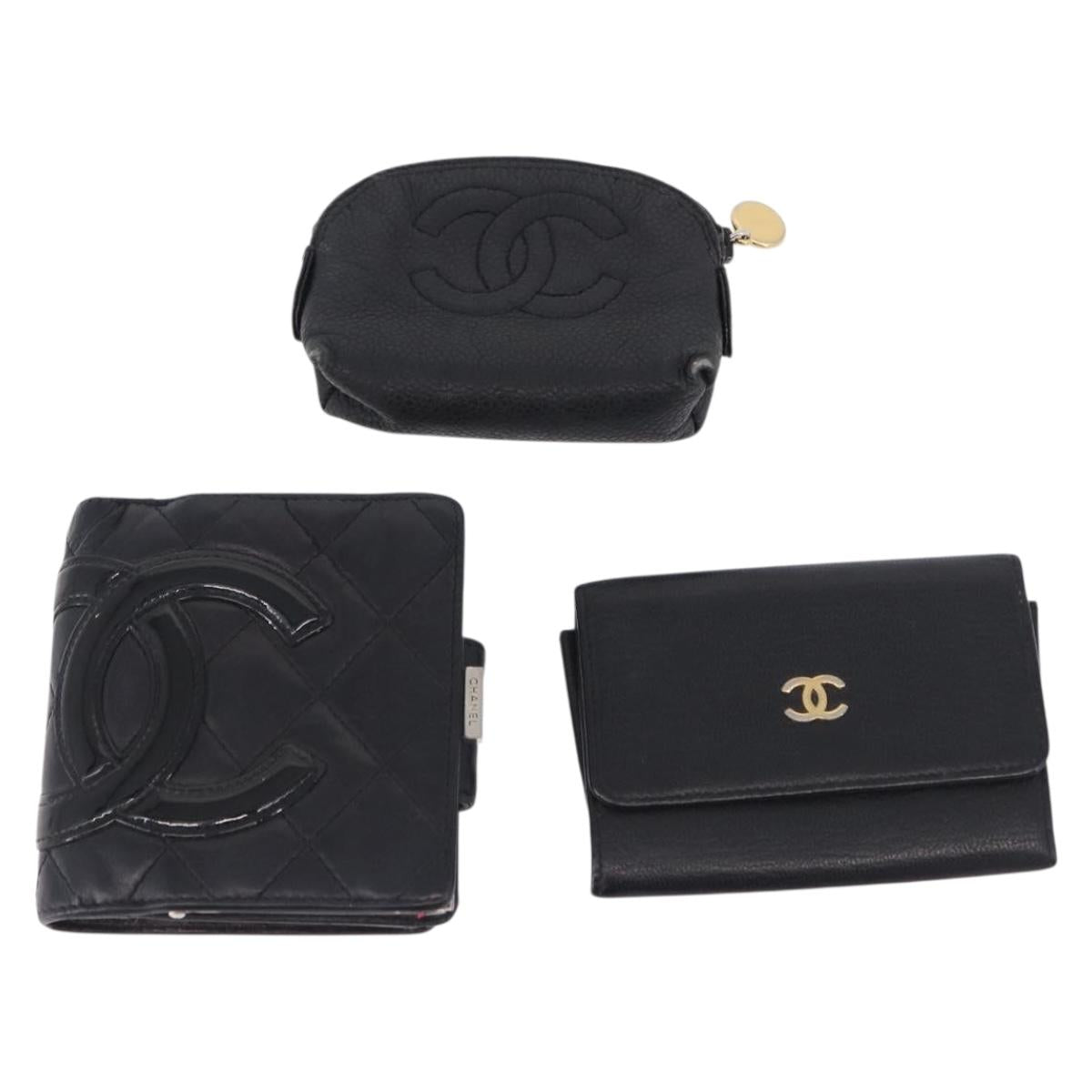 CHANEL Cambon Line Wallet Leather Caviar Skin 5 Set Black CC Auth fm5423