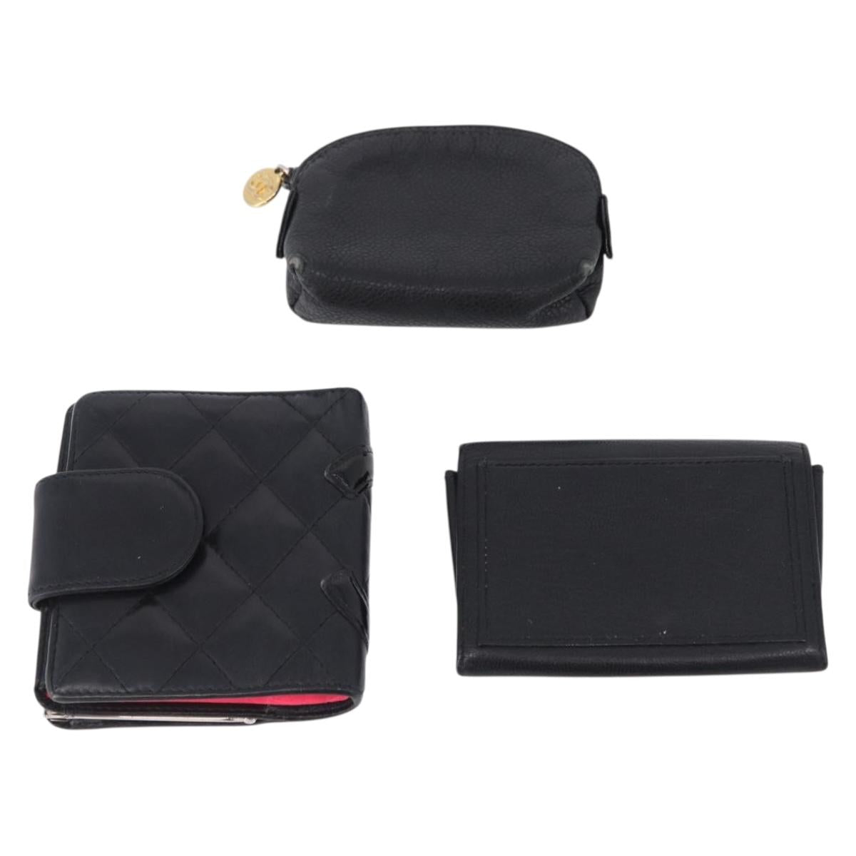 CHANEL Cambon Line Wallet Leather Caviar Skin 5 Set Black CC Auth fm5423