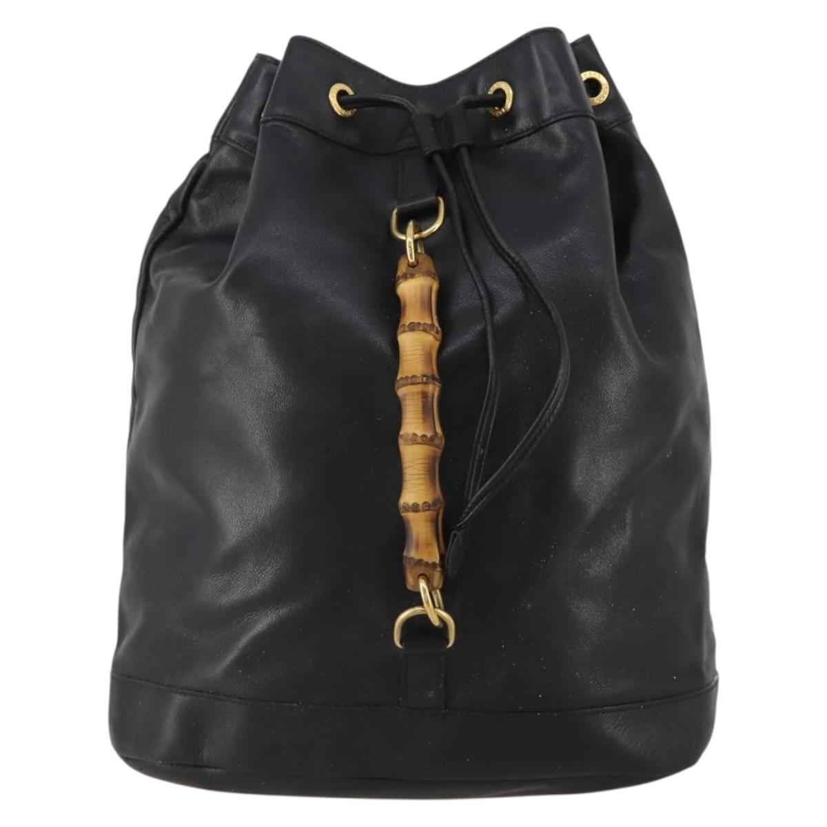 GUCCI Bamboo Backpack Leather Black Gold 003 2855 0043 Auth fm5435
