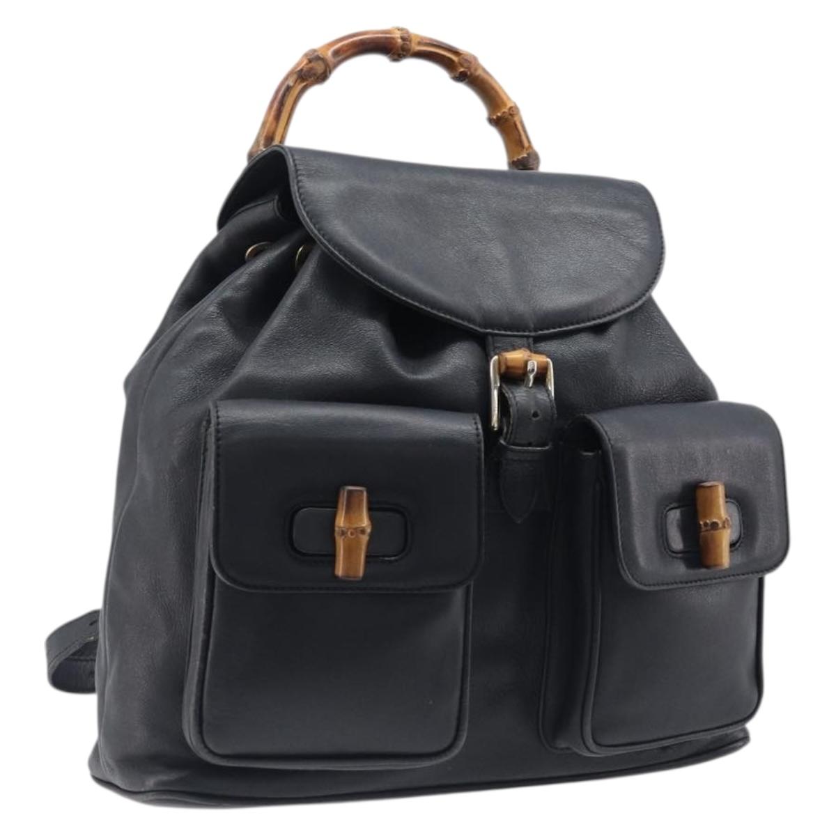 GUCCI Bamboo Backpack Leather Black Gold 003 2058 0016 Auth fm5437