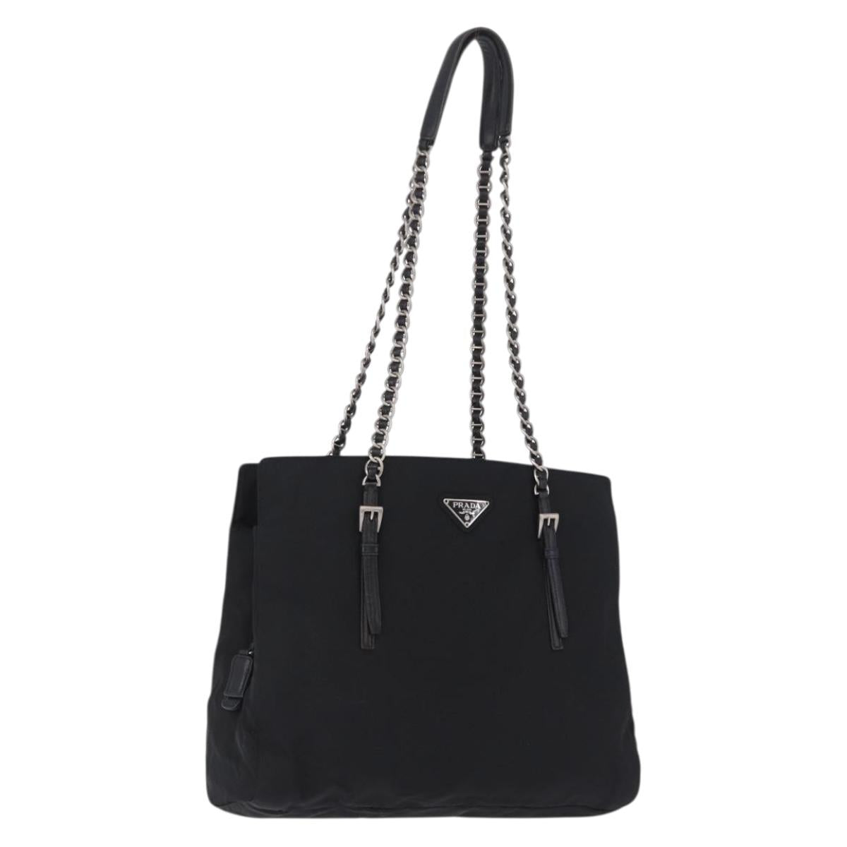 PRADA Chain Shoulder Bag Nylon Black Silver Auth fm5438