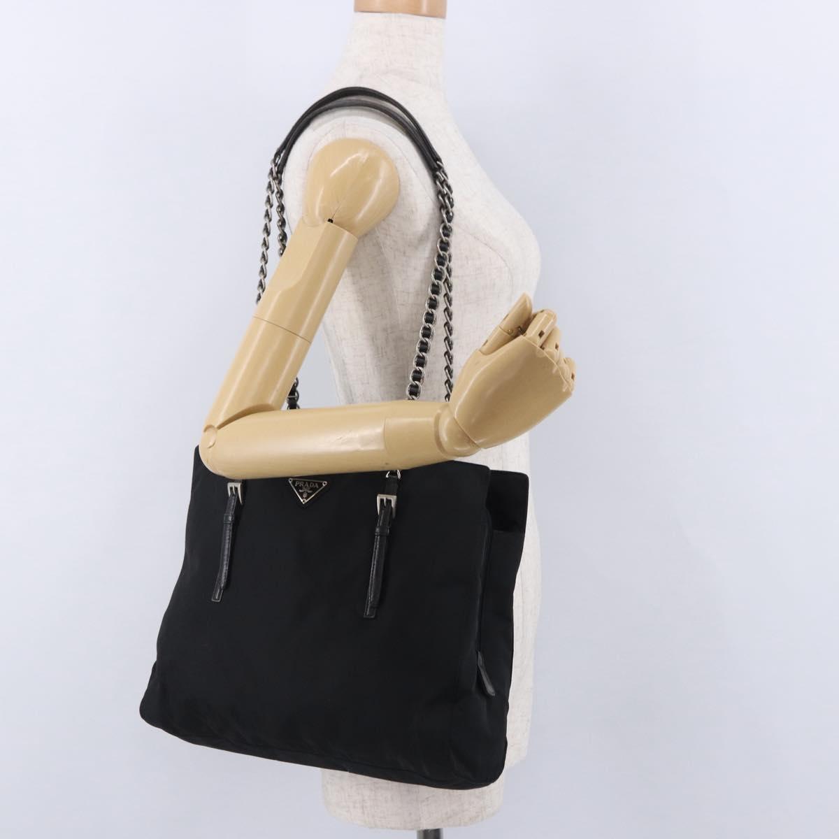 PRADA Chain Shoulder Bag Nylon Black Silver Auth fm5438