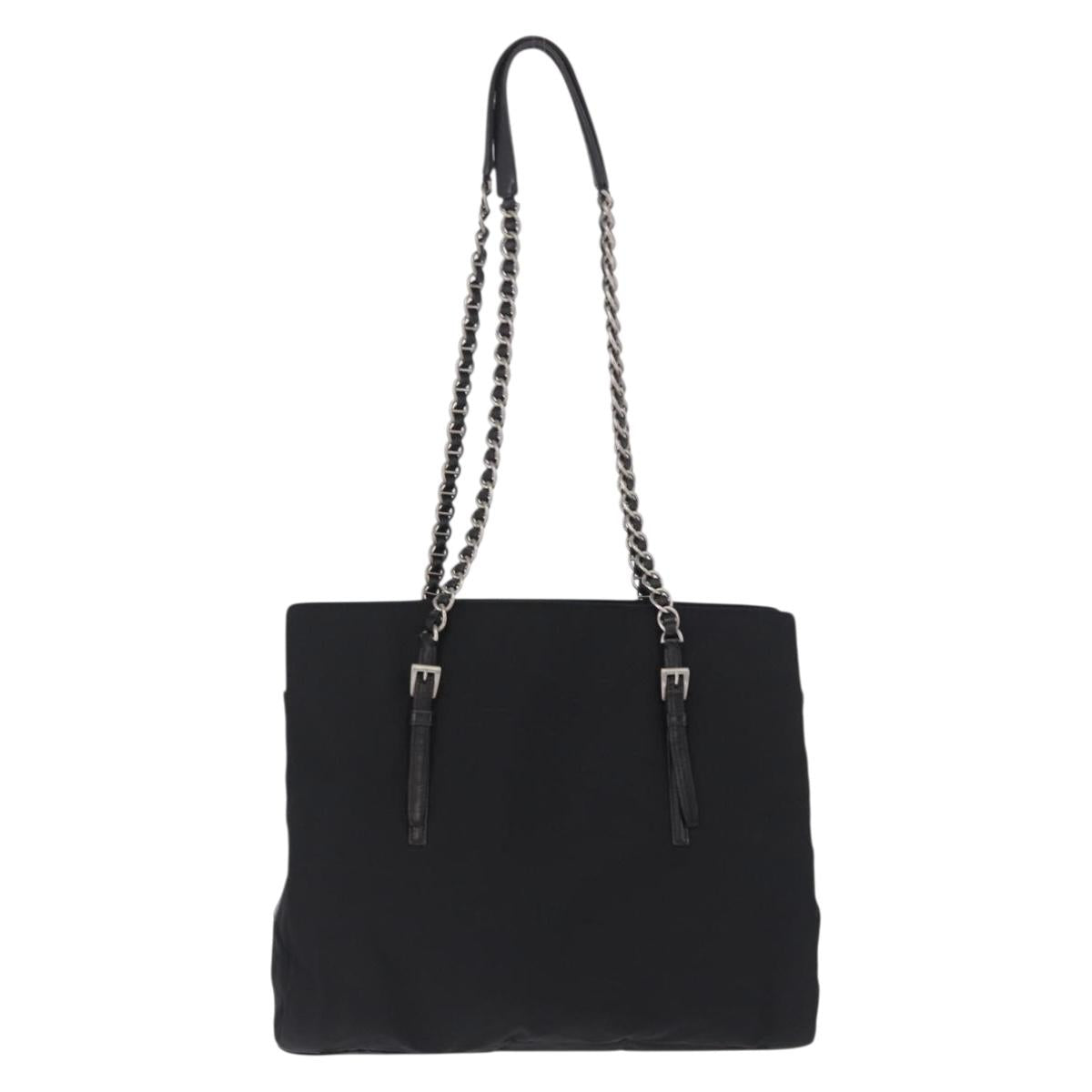 PRADA Chain Shoulder Bag Nylon Black Silver Auth fm5438