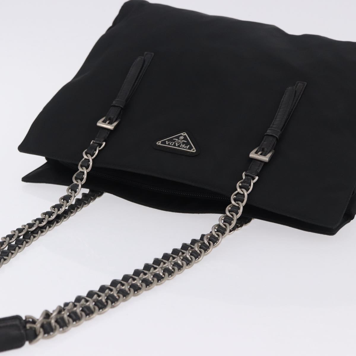 PRADA Chain Shoulder Bag Nylon Black Silver Auth fm5438