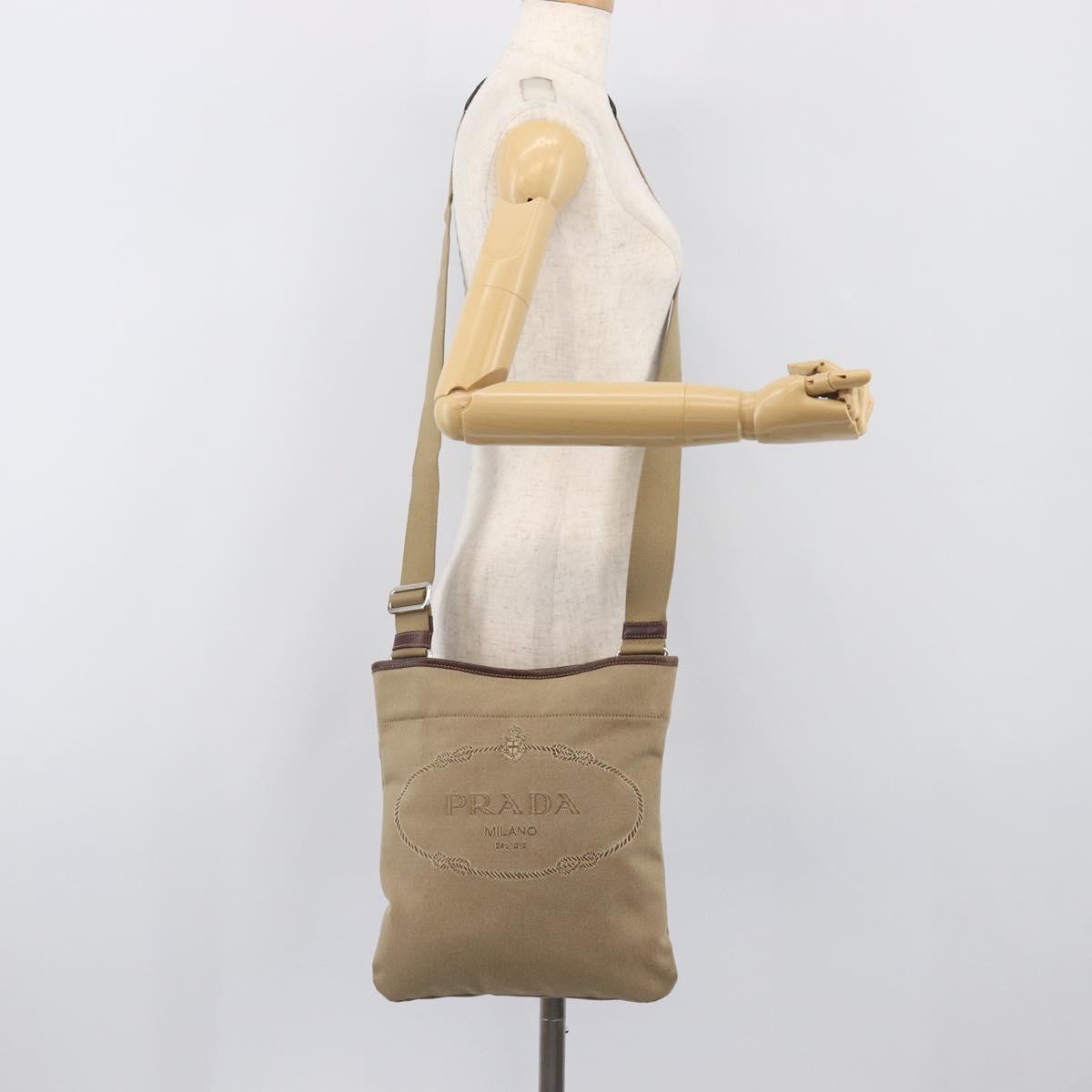 PRADA Jacquard Shoulder Bag Canvas Silver Beige Auth fm5453