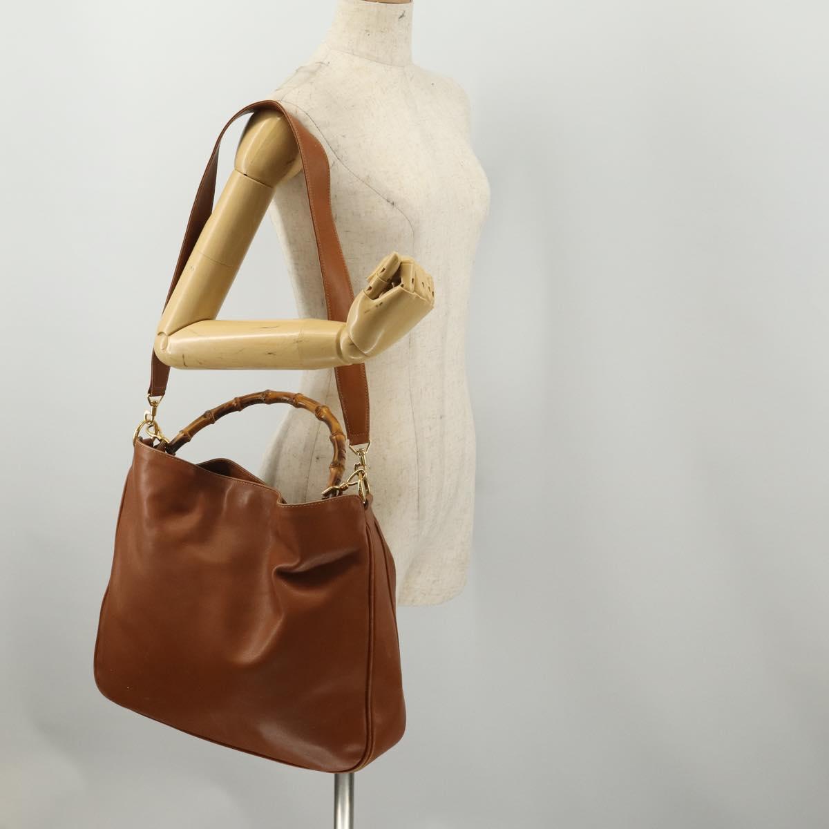 GUCCI Bamboo Shoulder Bag Leather 2way Brown Gold 001 1577 2615 Auth fm5455