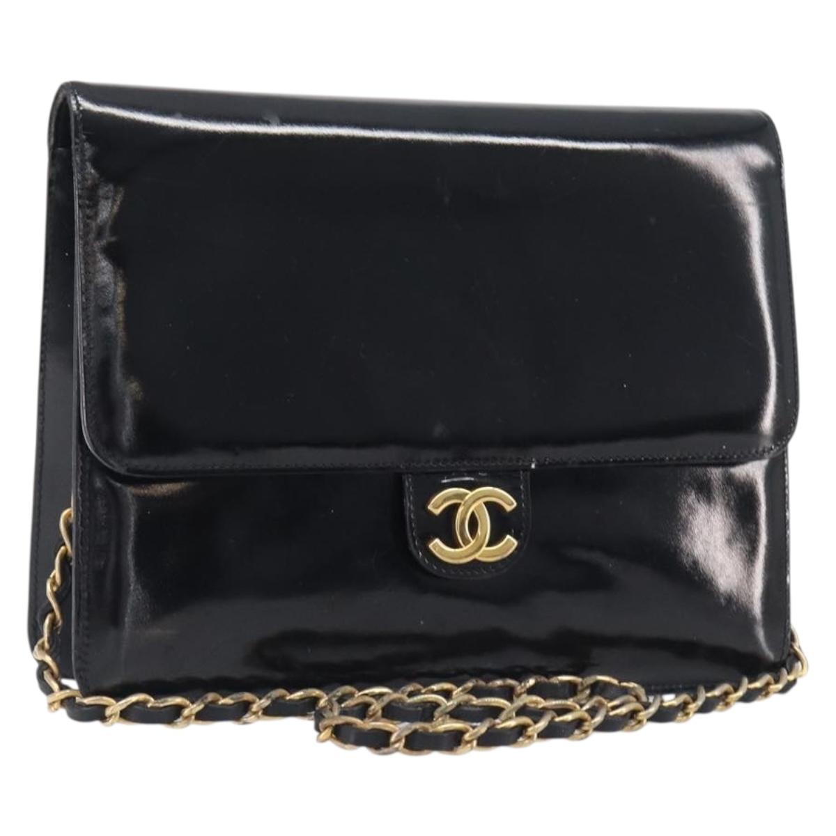 CHANEL Chain Shoulder Bag Patent leather Black Gold CC Auth fm5458